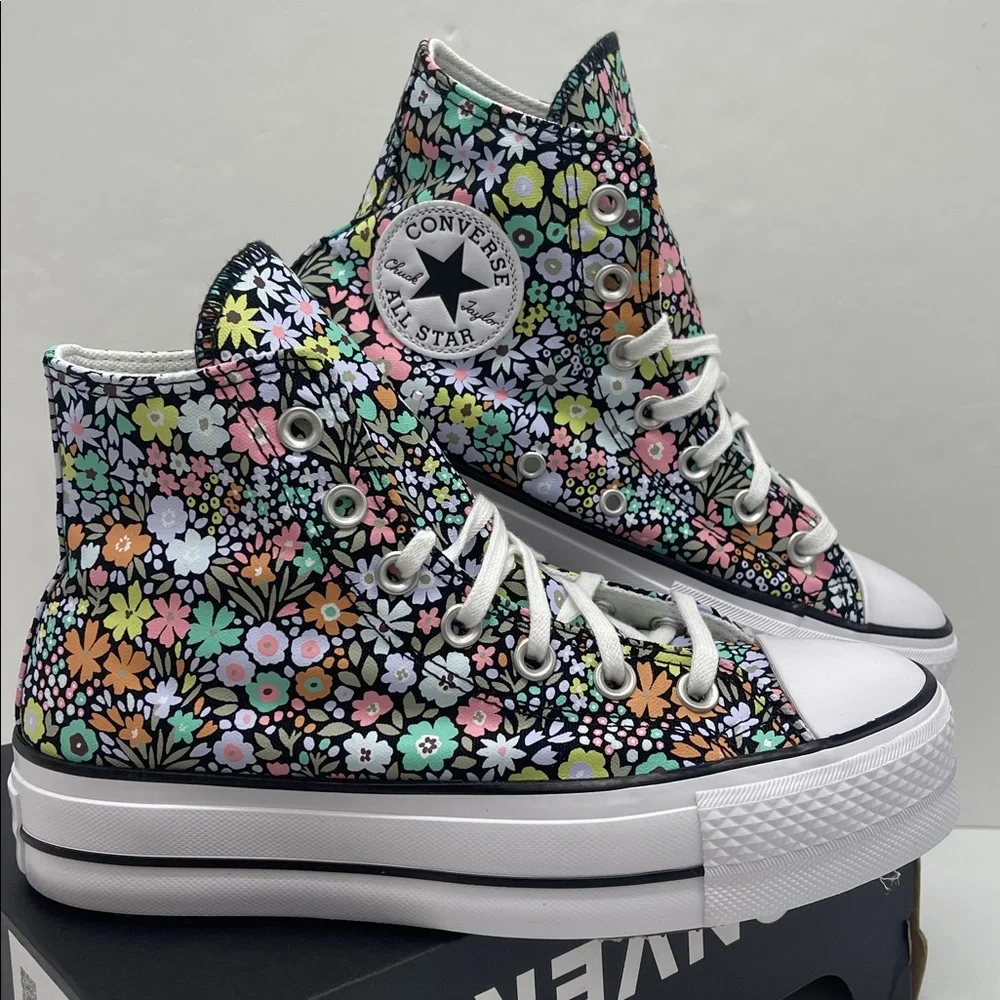Converse Floral Platform High Top Sneakers - Black with Pastel Flowers